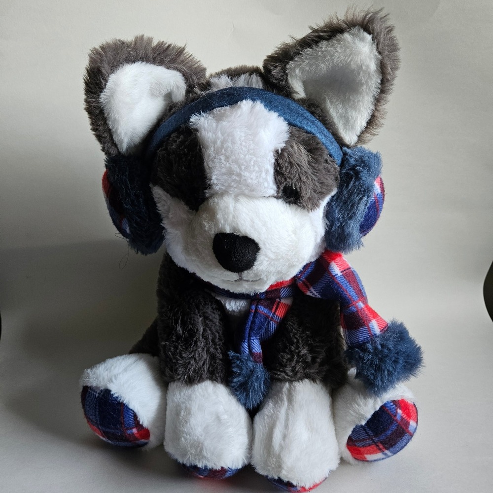 Hugfun International Husky Dog Plush Winter Earmuffs Scarf Plaid Grey White 12"